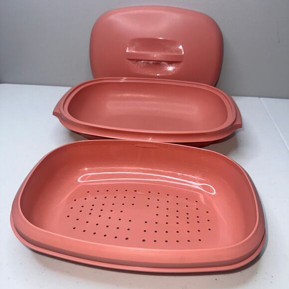 Vintage Tupperware Microwave Food Steamer 6 Cup Dusty Pink 3-Piece 1273-3 - Picture 4 of 7